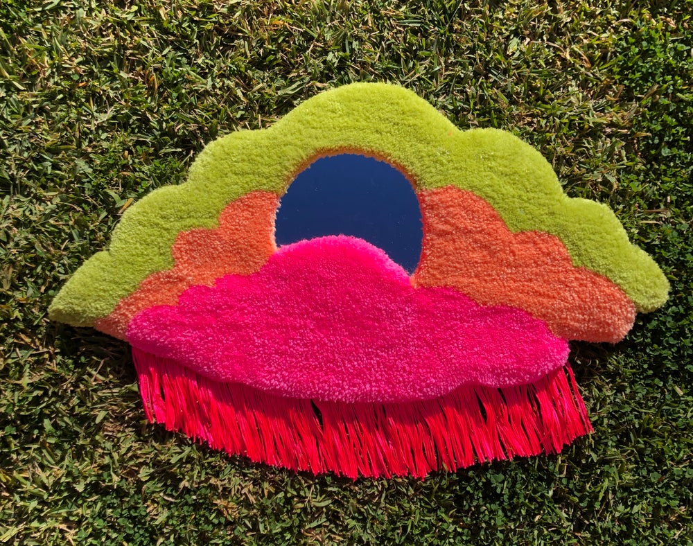 Neon Skies Mirror with Pink Fringe