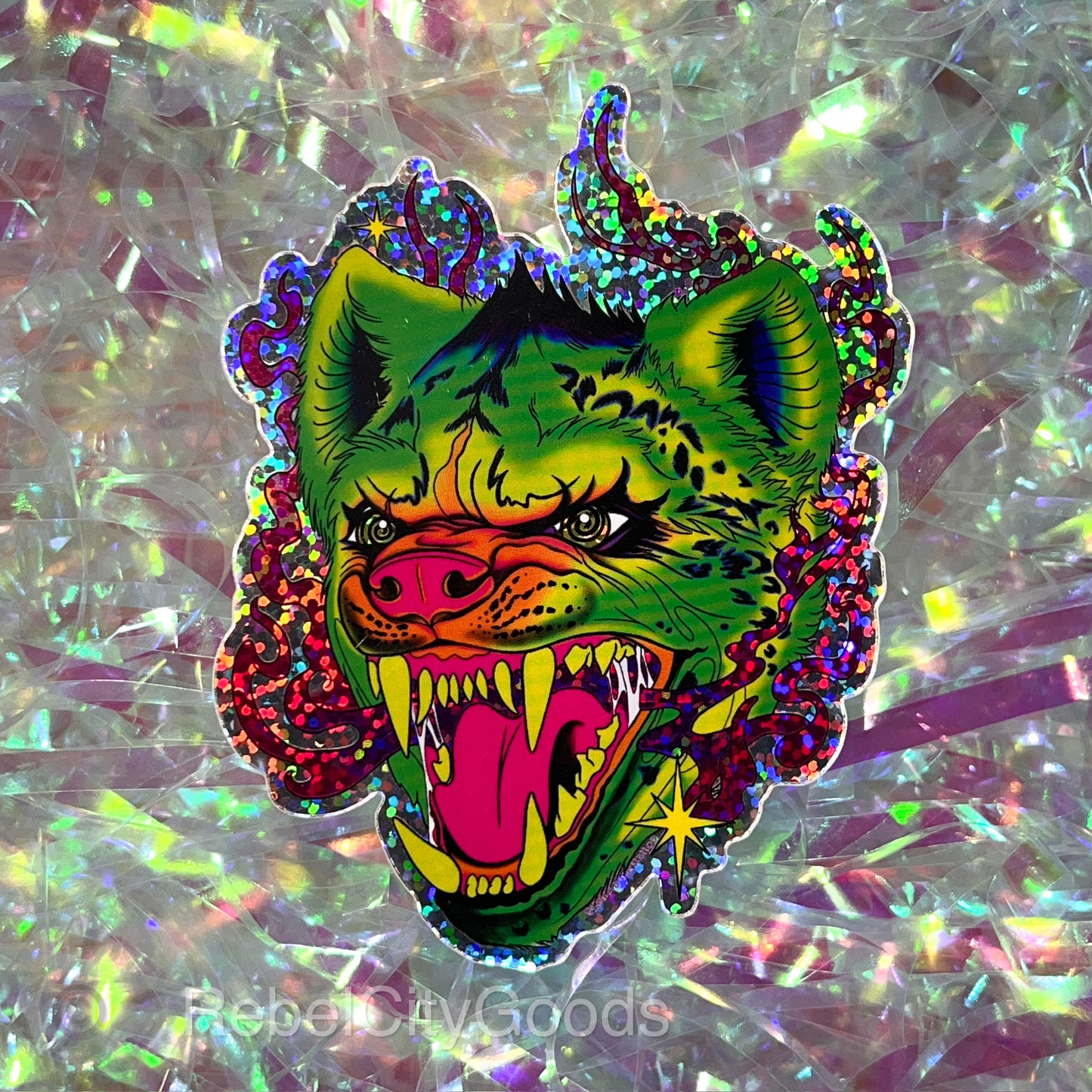 Hyena Sticker in Rainbow Glitter